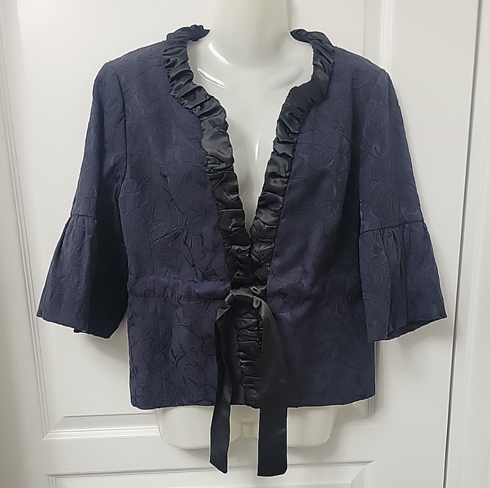 Ann Taylor Loft 3/4 Sleeve Jacquard Ribbon Tie Waist Jacket Blazer Navy Sz 12